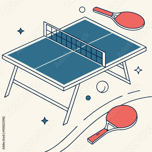 Table tennis background with paddles, ball, net and ping pong table. Trendy vector concept of ping pong with copy space. Design template for competition ads, tournament announcement.