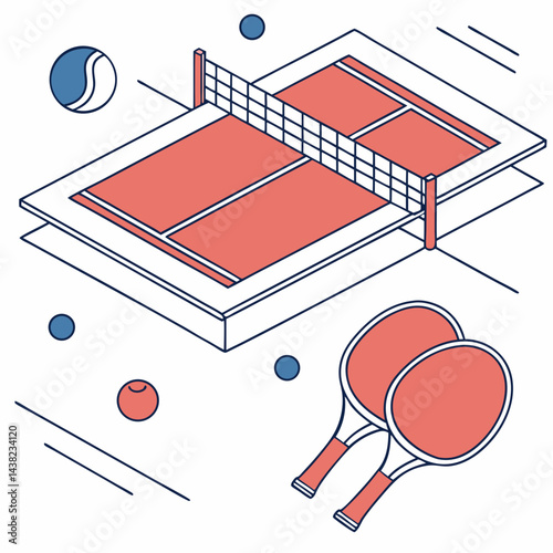 Table tennis background with paddles, ball, net and ping pong table. Trendy vector concept of ping pong with copy space. Design template for competition ads, tournament announcement.