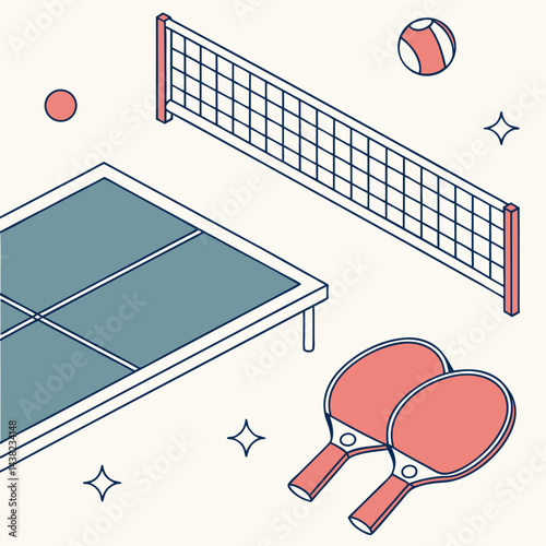 Table tennis background with paddles, ball, net and ping pong table. Trendy vector concept of ping pong with copy space. Design template for competition ads, tournament announcement.
