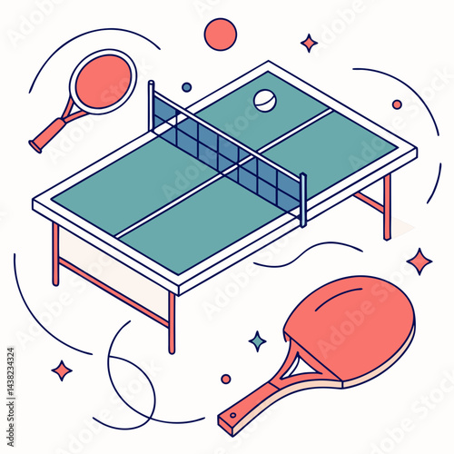 Table tennis background with paddles, ball, net and ping pong table. Trendy vector concept of ping pong with copy space. Design template for competition ads, tournament announcement.