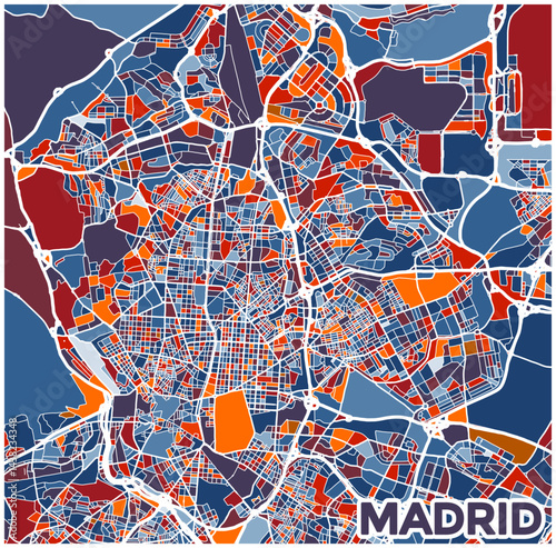 Modern City Map Of Madrid, Spain. The Map Is Full Of Different Colors And Shapes, Giving It Vibrant And Lively Feel. The Map Is Designed To Showcase The City's Unique Architecture.