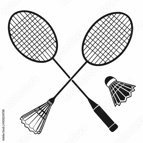 Two badminton rackets and a shuttlecock. Black illustration isolated on white background.