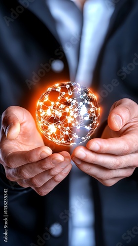 Hands holding glowing sphere of interconnected data points against a dark background
