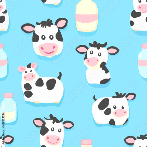 A funny cartoon cute cows and milk bottles vector illustration features a cute and happy collection of domestic animals