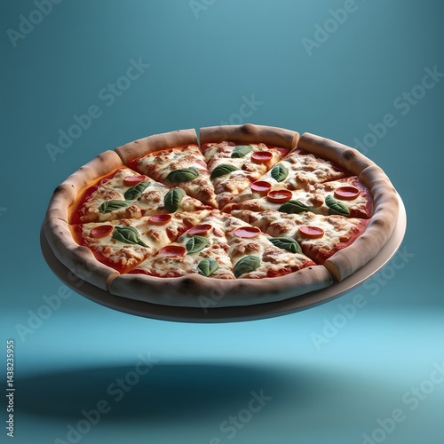 pizza on a wooden board floating in air