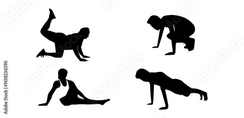 Vector dynamic Exercise Silhouette Set – Fitness, Workout, Running, Yoga Poses Collection.