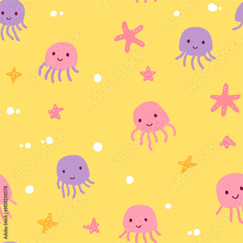 Seamless vector pattern design with cute jellyfish and starfish illustration