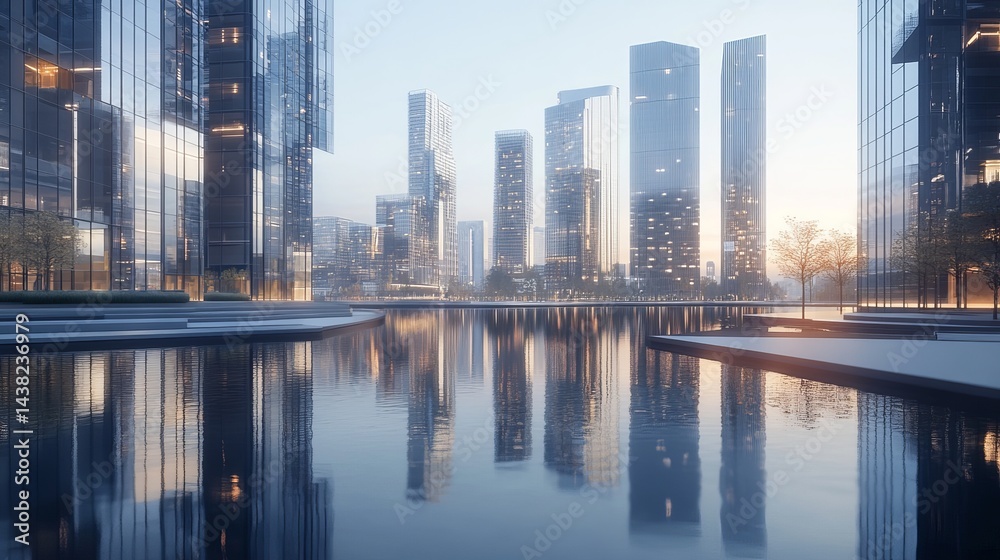 Naklejka premium Cityscape reflected in water with modern buildings and sky at dusk in a futuristic urban scene