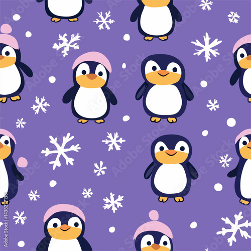 A cute cartoon Christmas seamless pattern features cute penguins with snowflakes, perfect for a fun winter holiday design