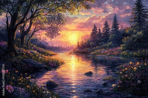 Serene Sunset River Landscape Magical Evening in Nature