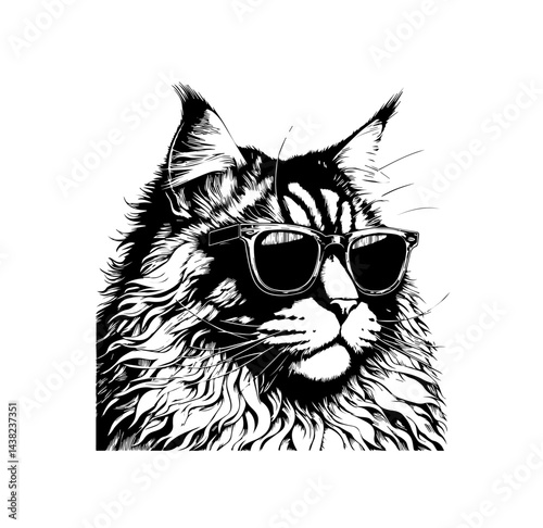 portrait of a maine coon, in an etching style, line drawing, hatching, with a white rotating margin, wearing sunglasses.