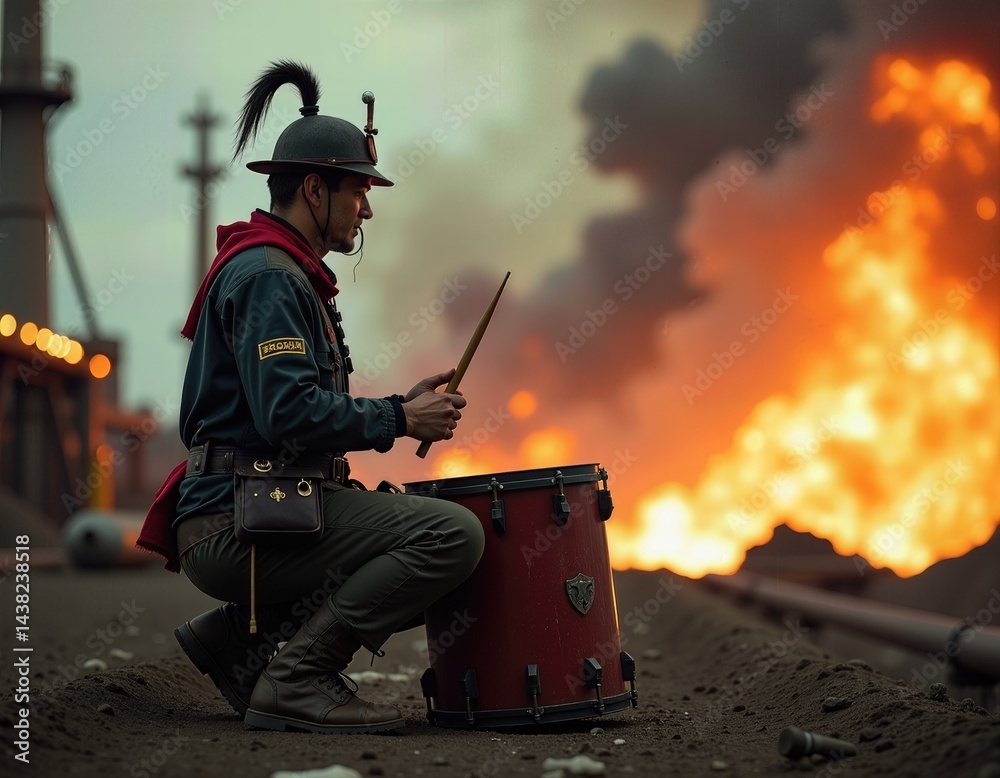Drummer in Uniform Against a Fiery Industrial Background