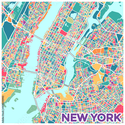 Colorful New York Map, USA. The Map Is Full Of Different Colors And Shapes, Giving It Vibrant And Lively Feel. The Map Is Designed To Showcase The City's Unique Architecture And Landmarks.