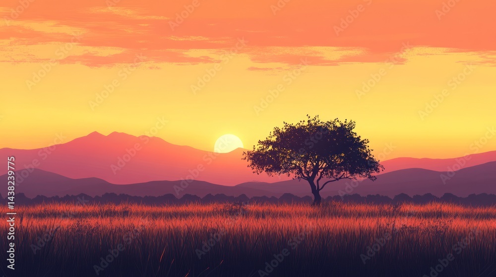 Naklejka premium Solitary Tree at Sunset in a Serene Landscape