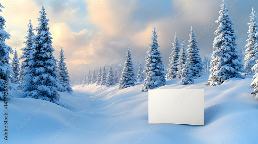 Fototapeta premium Snow-covered fir trees in a winter landscape with a blank white board in the foreground