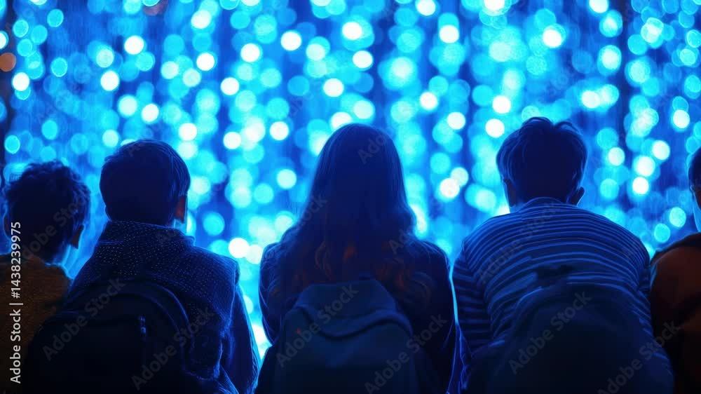 Three people in a crowd looking towards something, with blue lights creating a vibrant atmosphere.