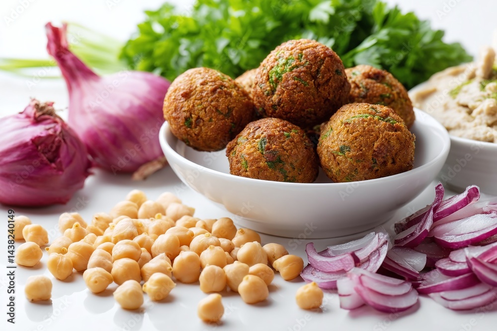 Freshly prepared falafel balls with chickpeas, onions, and herbs on a bright kitchen counter Freshly prepared falafel balls with chickpeas, onions, and herbs on a bright kitchen counter