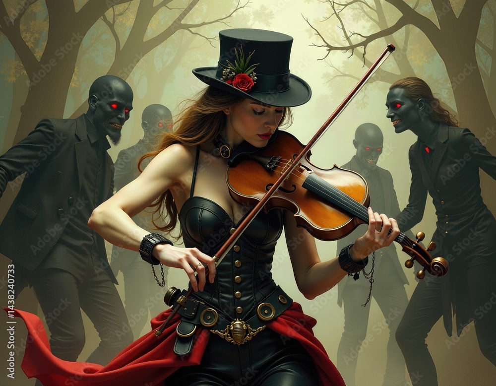 Woman Playing Violin Surrounded by Zombies in a Dark Forest