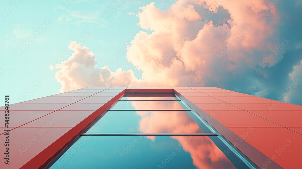 Perspective of high rise building with vibrant colors reflecting in glass windows, showcasing beautiful sky with fluffy clouds