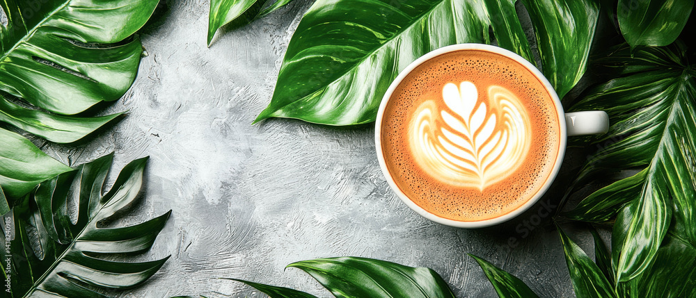 Beautiful coffee cup surrounded by lush green leaves creates serene atmosphere, perfect for relaxation and enjoyment. latte art adds touch of elegance to this minimalist setting