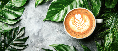 Beautiful coffee cup surrounded by lush green leaves creates serene atmosphere, perfect for relaxation and enjoyment. latte art adds touch of elegance to this minimalist setting