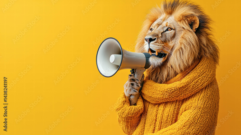 Lion wearing cozy sweater and holding megaphone against bright yellow background. lion exudes confidence and charisma, making bold statement