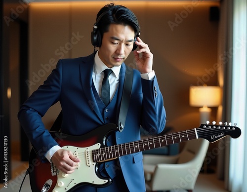Businessman Musician Playing Electric Guitar in Hotel Lobby