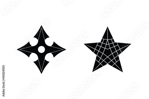 Black Star Shaped Silhouettes With Intricate Lines On Clean White Background