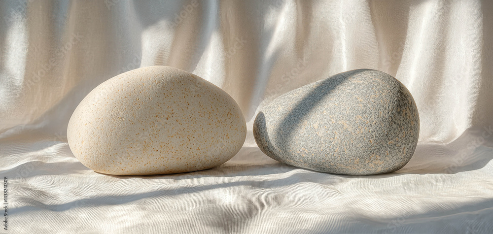 Two light stone shapes resting on soft fabric surface, illuminated by gentle sunlight, creating serene and calming atmosphere