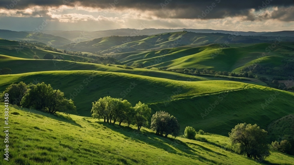 Fototapeta premium Lush Rolling Green Hills Under Cloudy Sky