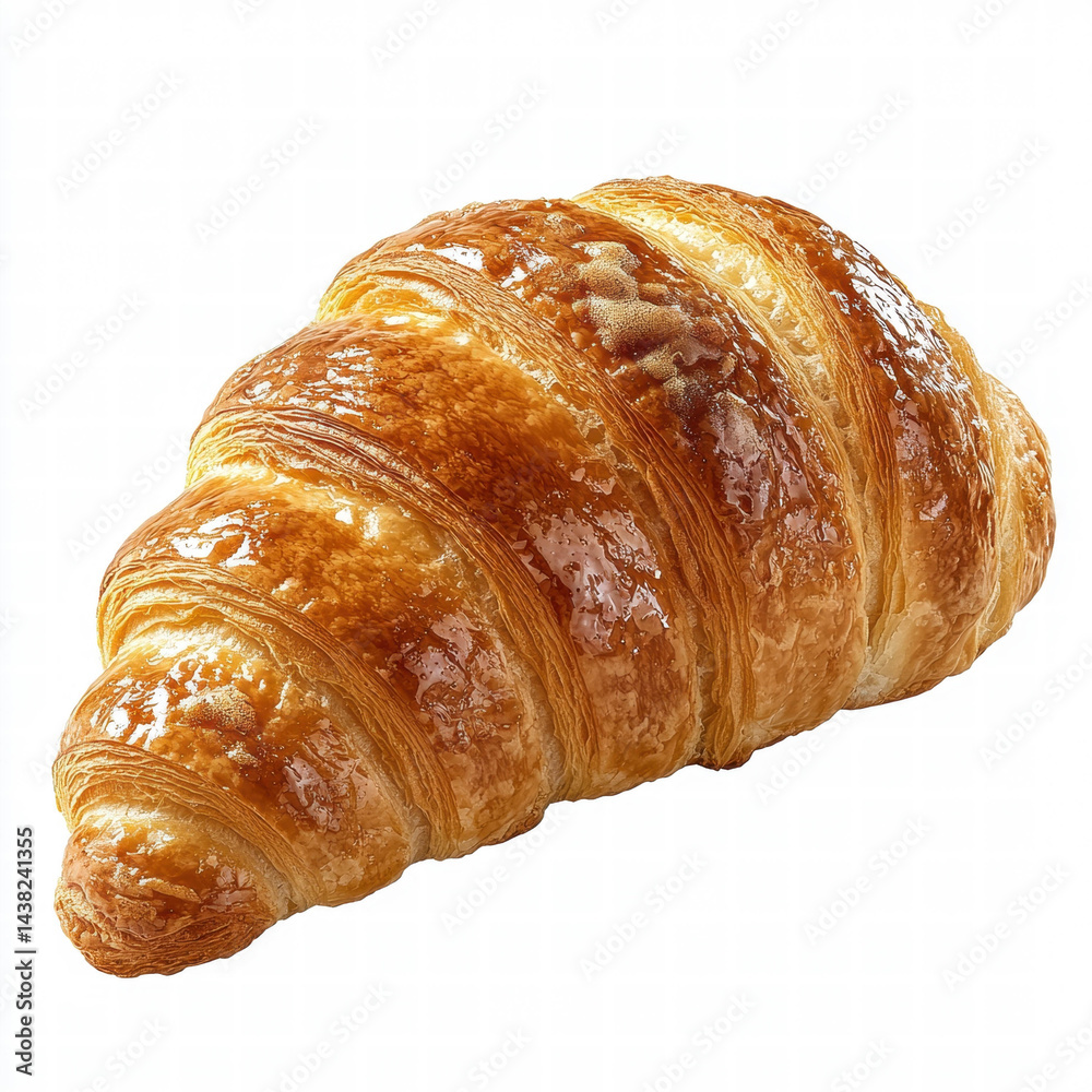 Delicious golden croissant with flaky, buttery texture, resting on white background. This pastry is perfect for breakfast or snack, evoking warmth and comfort