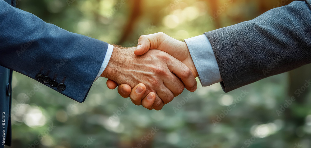 Professional handshake symbolizes trust and collaboration in natural setting, showcasing two individuals in business attire engaging in positive agreement