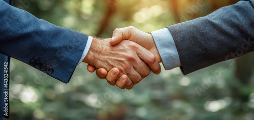 Obraz na płótnie Professional handshake symbolizes trust and collaboration in natural setting, showcasing two individuals in business attire engaging in positive agreement w salonie