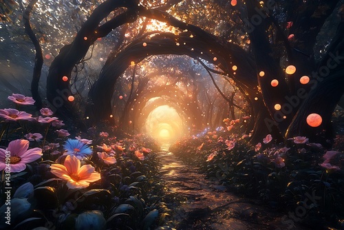 A strange garden filled with vibrant flowers and magical trees, where colorful bubbles float in the air.