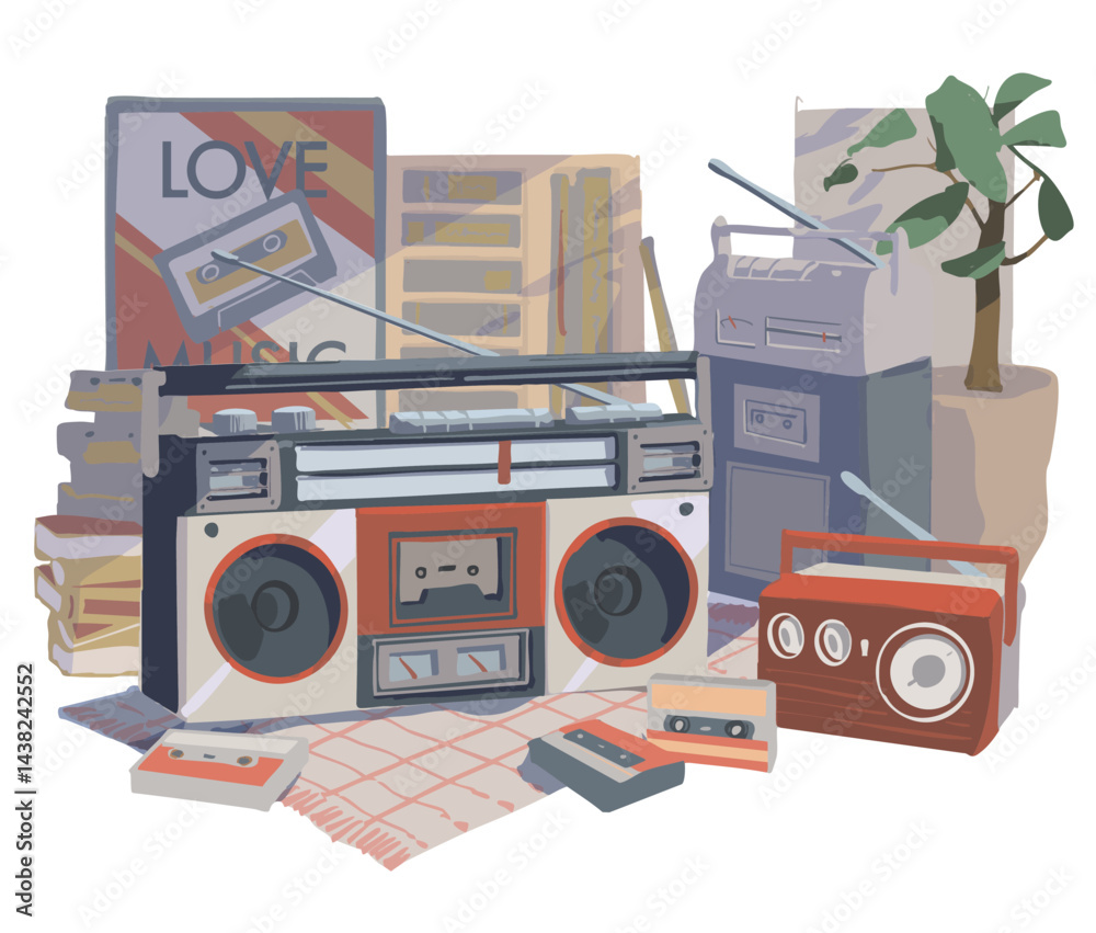Fototapeta premium レトロな カセット テープ プレイヤー とラジオ の イラスト 赤 背景有り