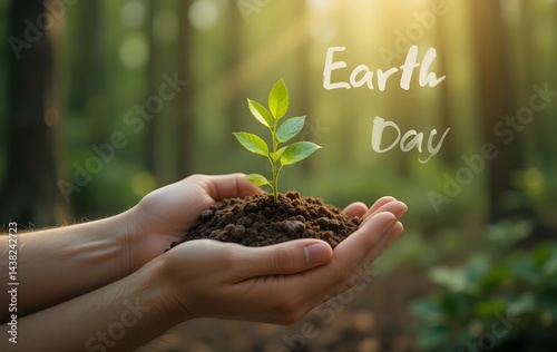Hands holding a small green sapling with soil with blurred natural forest background and 