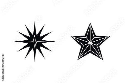 Geometric Starburst And Outlined Star Shapes Black And White Vector Illustration