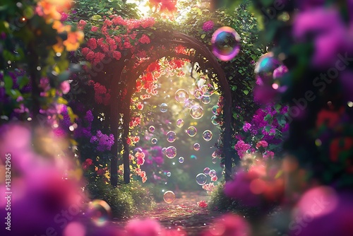 A strange garden filled with vibrant flowers and magical trees, where colorful bubbles float in the air.