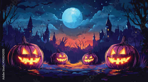 Grinning Jack-o’-Lanterns in a Foggy Field.