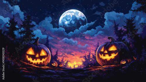 Halloween Night with Evil Pumpkin Faces.
