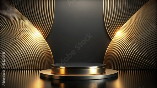 A black and gold podium with a minimalist circular design, surrounded by a swirling pattern of golden lines and a reflective surface