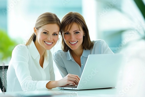 Happy professional women collaborating with enthusiasm in a modern office setting. Two female entrepreneurs using a laptop for a productive business meeting in a corporate workplace.