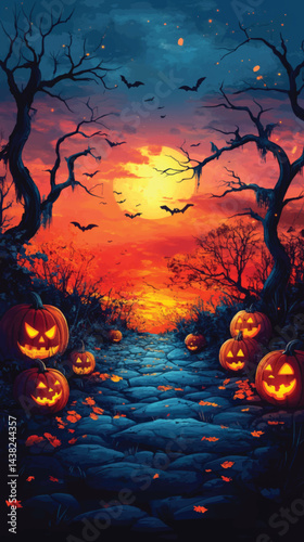 Spooky Town Silhouette with Glowing Eyes.