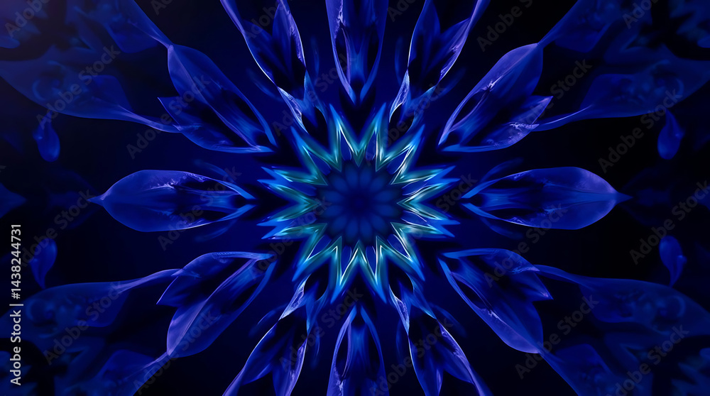 Naklejka premium a mesmerizing kaleidoscope of Bluebells flower petals arranged in fractal symmetry, glowing softly against a deep indigo void, subtle prism refractions, created b y generative ai