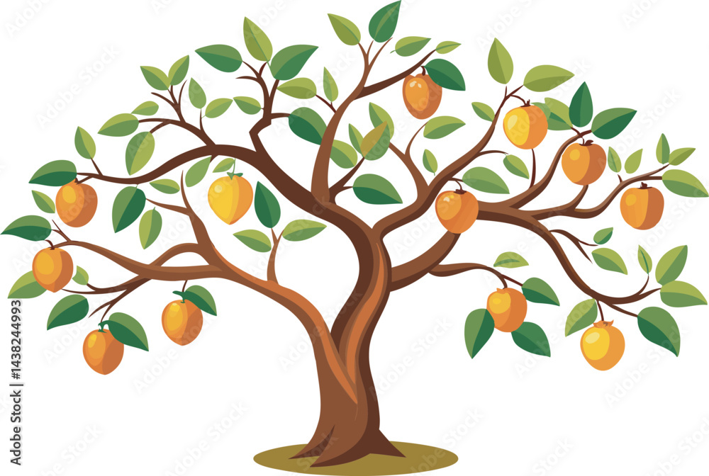 Obraz premium A vibrant vector art illustration depicting a lush, pruned tree laden with colorful fruits, symbolizing growth, abundance, and careful cultivation.