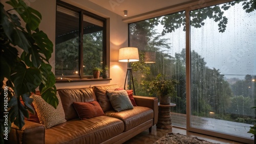 Cozy living room interior with leather sofa and rain outside the window on a stormy day view