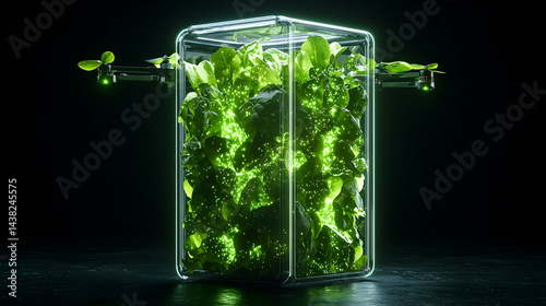 Futuristic vertical farm concept with enclosed plants and drone-like devices for care. Suggests technology in agriculture for efficient crop cultivation and sustainability.
