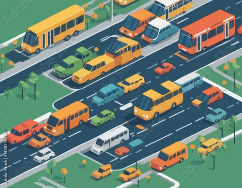 Isometric City Transportation Vector Illustration with Cars, Buses, and Trains for Urban Planning and Logistics Design.