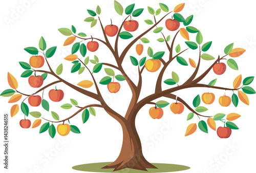 A vibrant vector art illustration depicting a lush, pruned tree laden with colorful fruits, symbolizing growth, abundance, and careful cultivation.