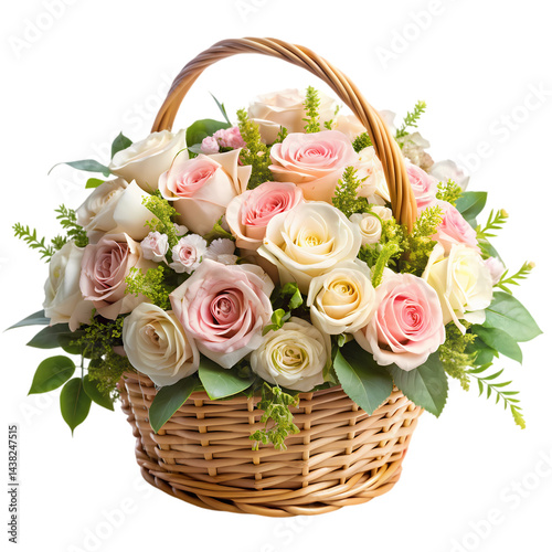 Beautiful Basket of Roses Pink White  Cream Roses isolated on transparent background